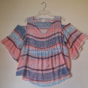 Style & Co Peasant Boho Cold Shoulder XL Spring Colors Bell Sleeves